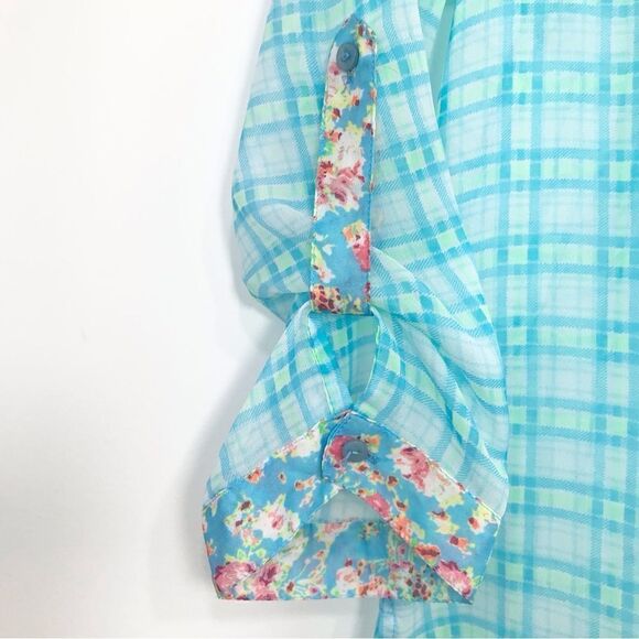 Truth Plaid Floral Teal Semi Sheer Button Down Cottagecore Blouse - Picture 10 of 13